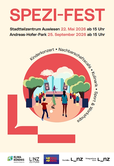 Plakat für SPEZI-Fest, beiger Hintergrund, rote Schrift, Grafik mit Konzert und Menschen