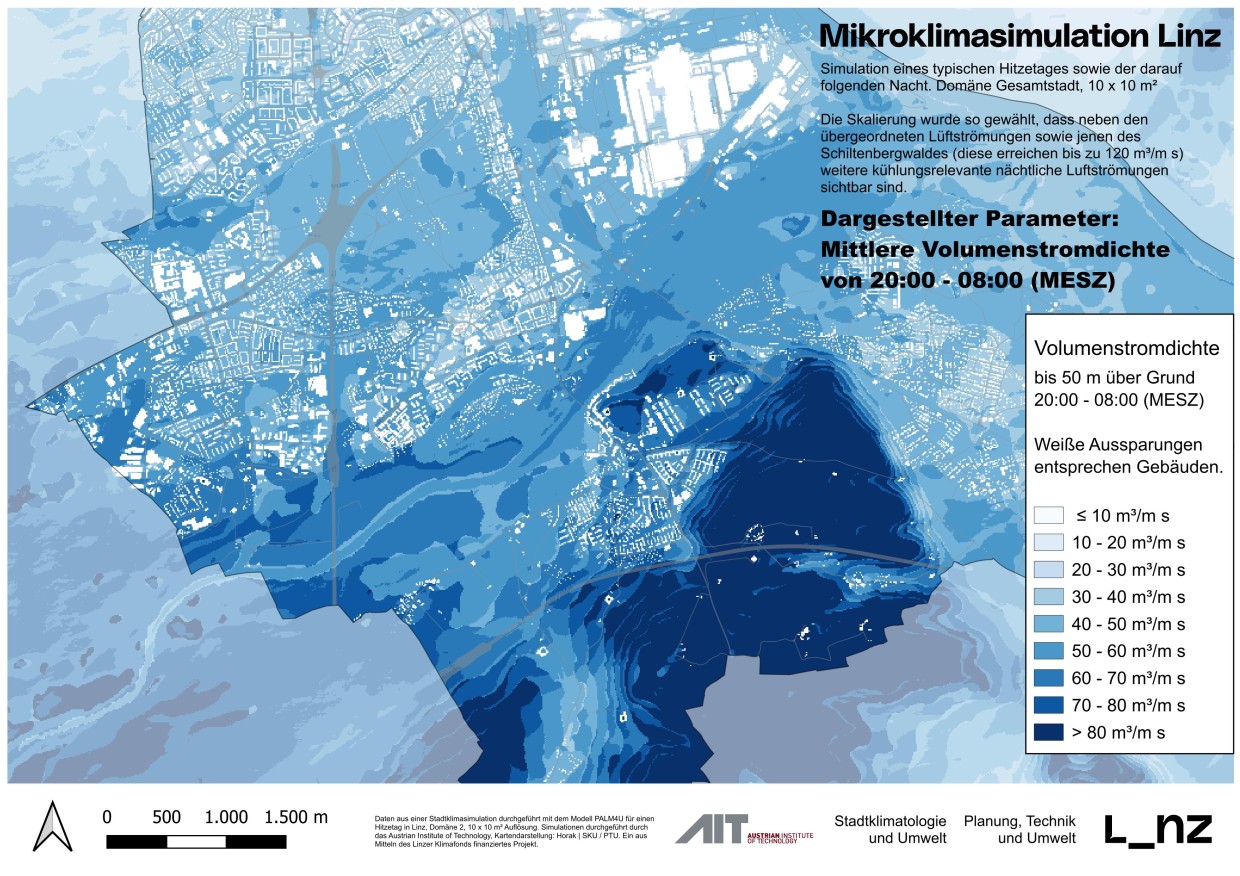 Stadt Linz/Abt. SKU, Johannes Horak Mikroklimasimulation - Volumenstromdichte Nacht, Linz Süd