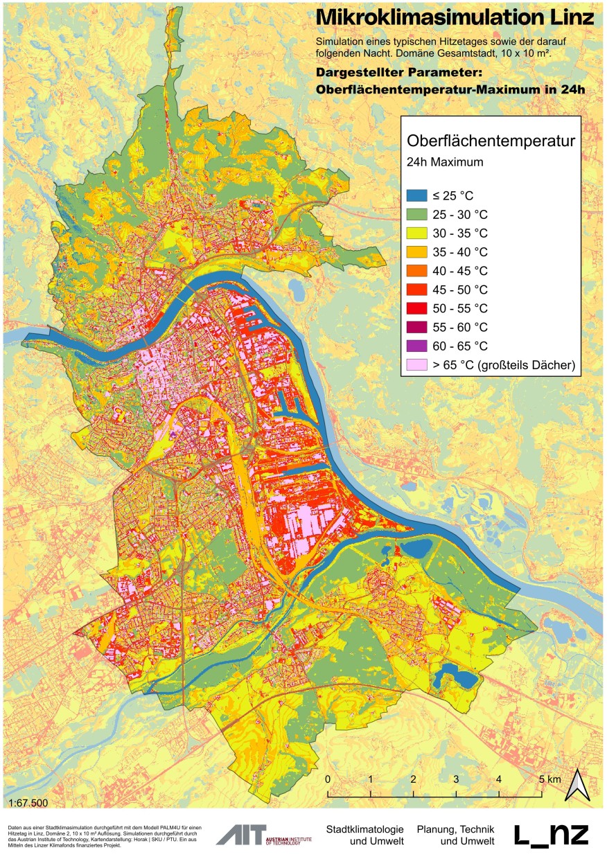 Mikroklimasimulation - maximale Oberflächentemperaturen mit 10x10m Auflösung