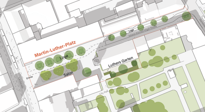 Die drei Teilräume des Areals am Martin-Luther-Platz und in der J.-K.-Vogel-Straße; 3:0 Landschaftsarchitektur.